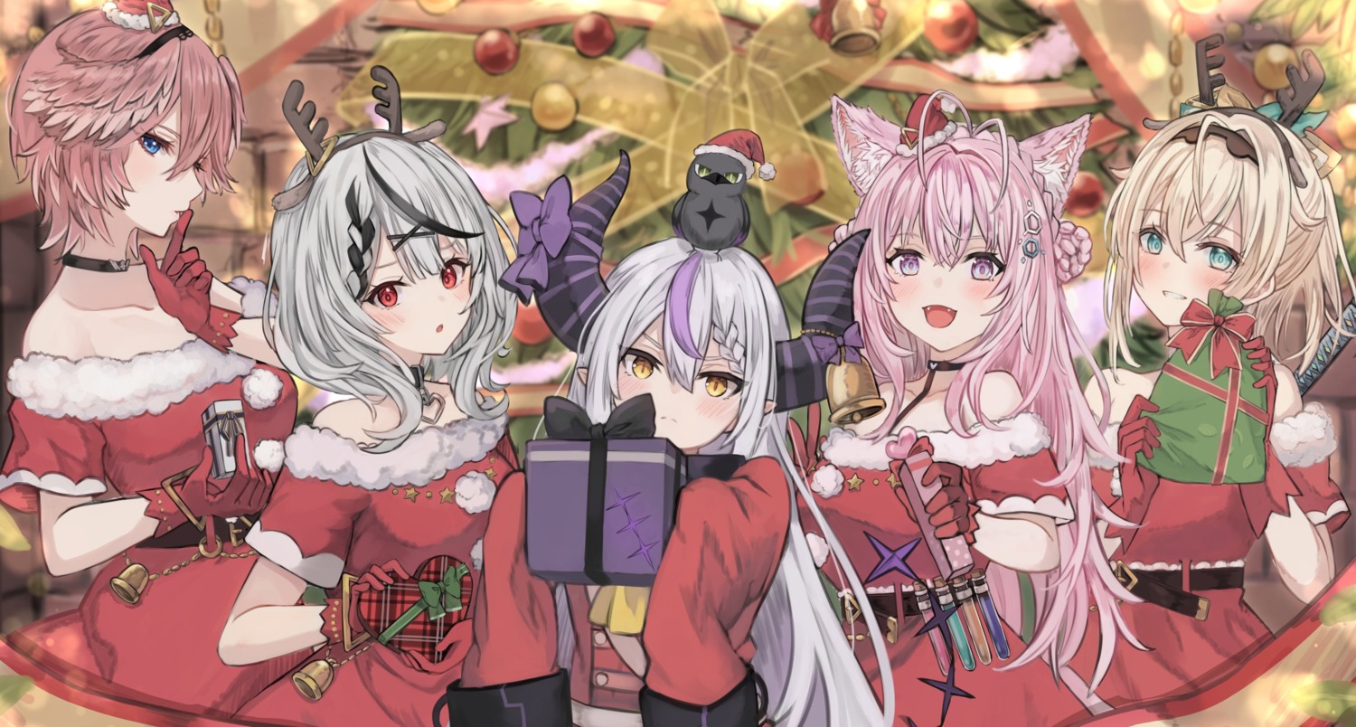 animal_ears, christmas, crow_(la+_darknesss), hakui_koyori, hololive, horns, kazama_iroha, kiukoma, la+_darknesss, pointy_ears, sakamata_chloe, takane_lui, wings