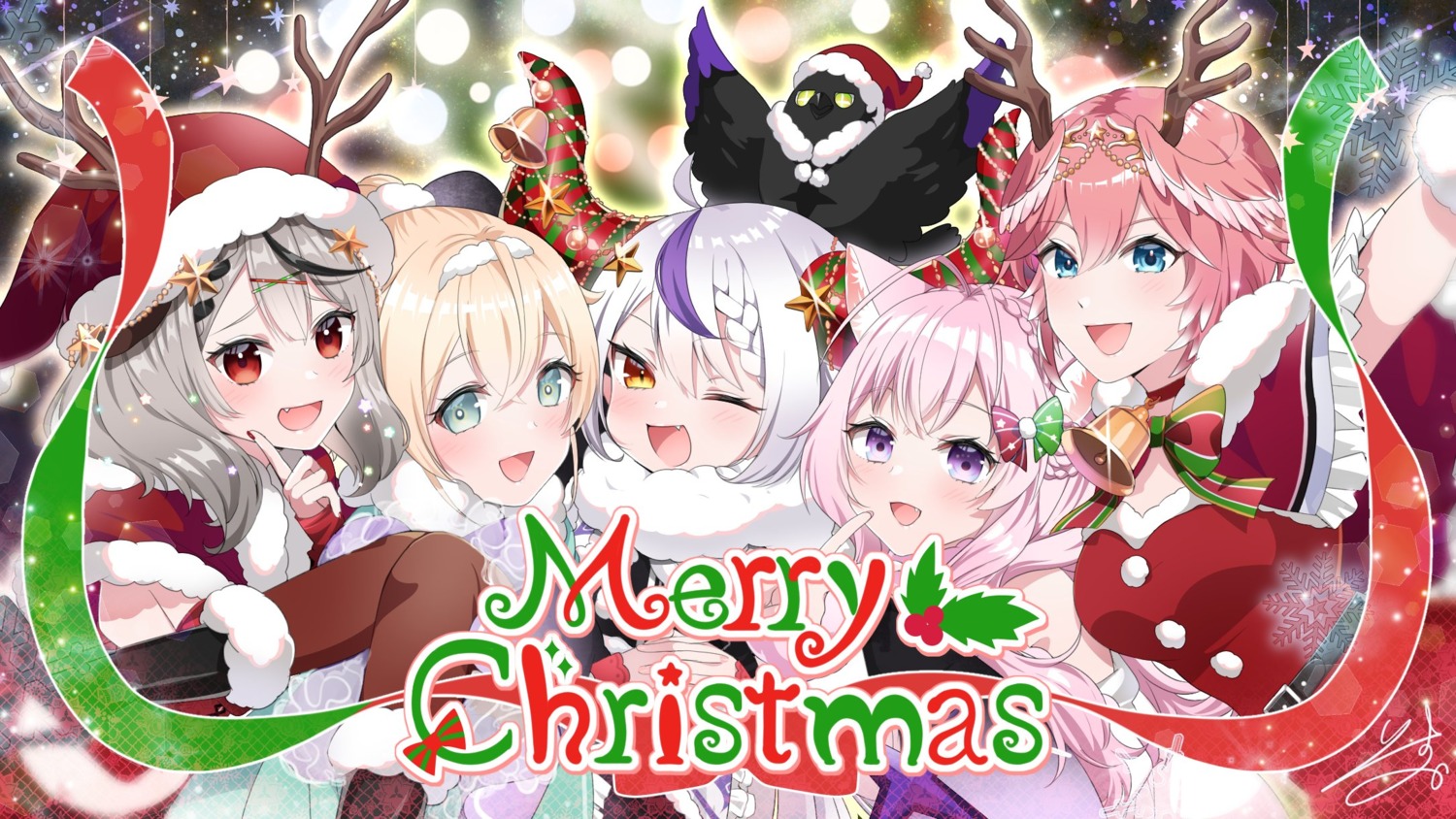 animal_ears, christmas, crow_(la+_darknesss), dress, hakui_koyori, hololive, horns, isuka, kazama_iroha, la+_darknesss, sakamata_chloe, takane_lui, wings