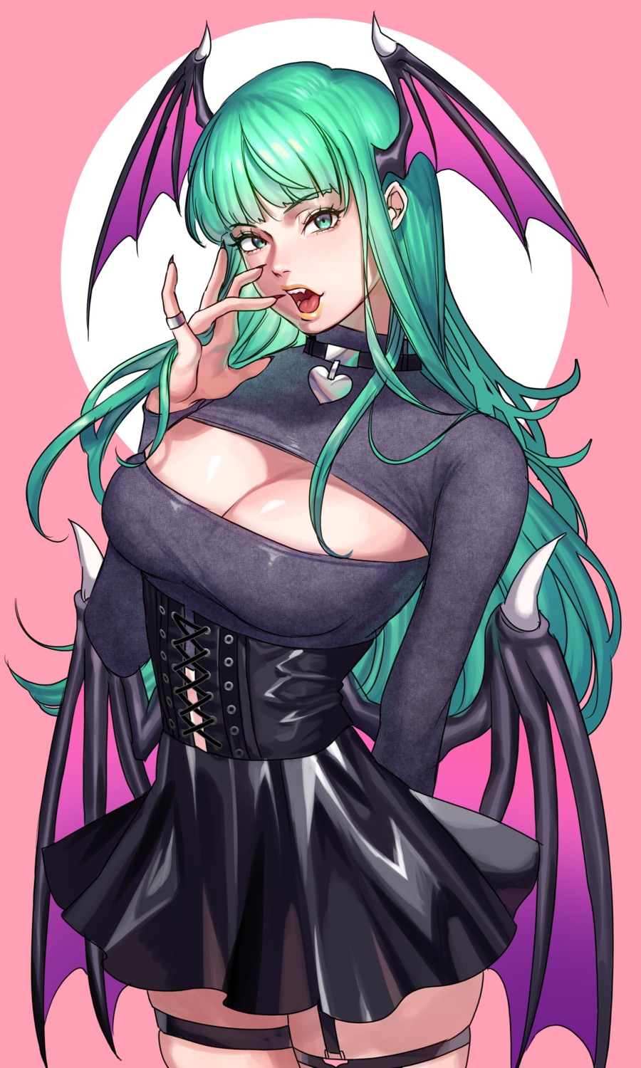 cleavage, dark_stalkers, garter, hanny_(uirusu_chan), morrigan_aensland, no_bra, sweater, wings