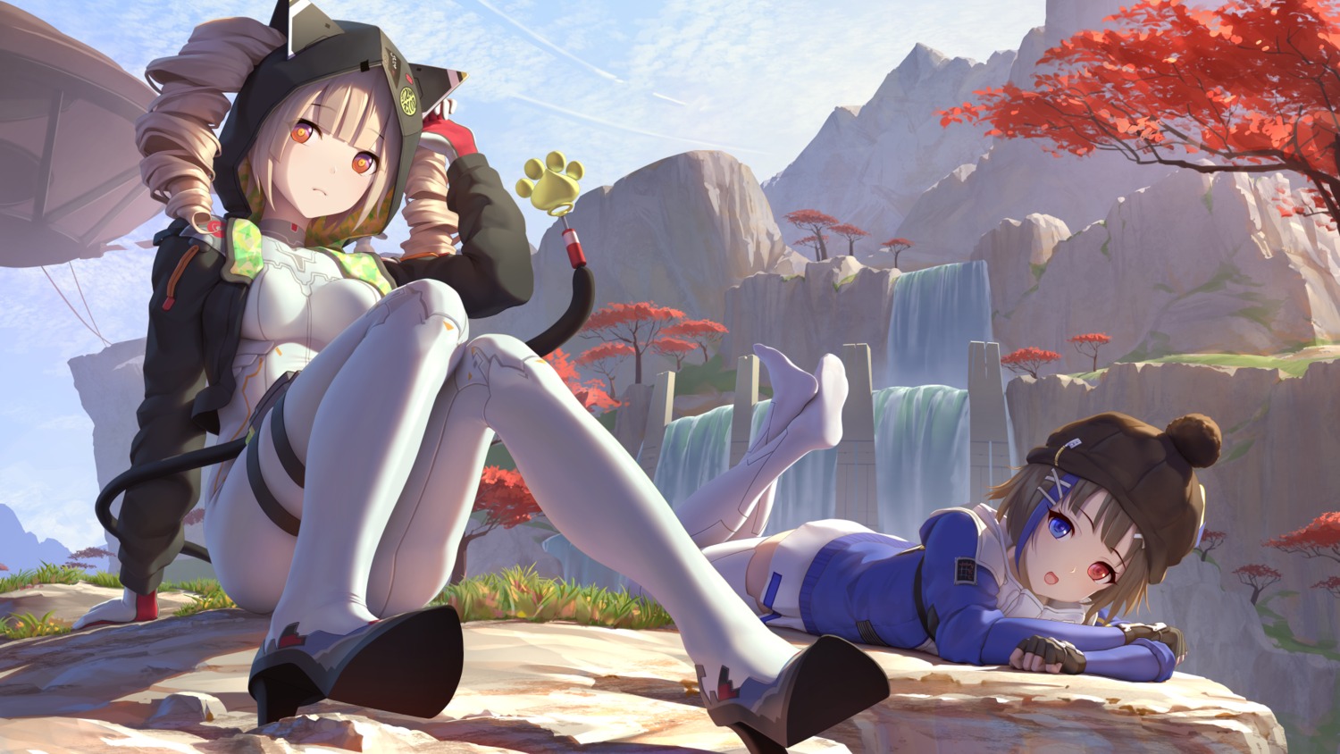 bodysuit, garter, heels, heterochromia, shiro_(tower_of_fantasy), tail, thighhighs, tokinohimitsu, tower_of_fantasy