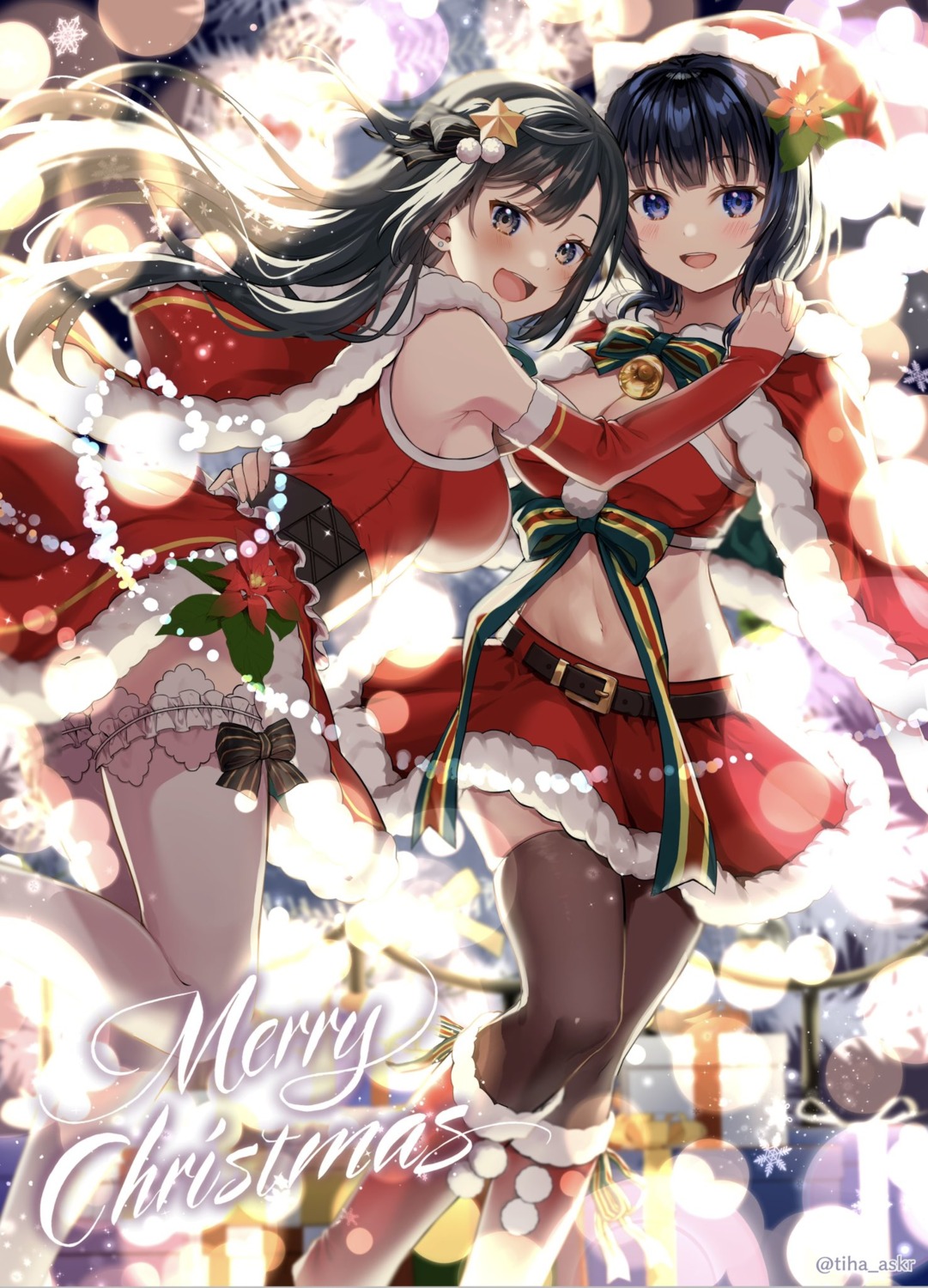 asaka_karin, christmas, love_live!_(series), love_live!_nijigasaki_gakuen_school_idol_doukoukai, mia_(fai1510), skirt_lift, thighhighs, yuri, yuuki_setsuna