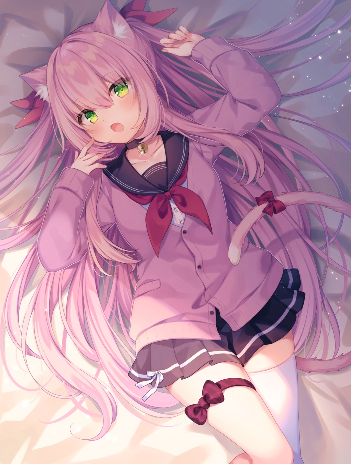 animal_ears, garter, komachi_pochi, nekomimi, seifuku, sweater, tail, thighhighs