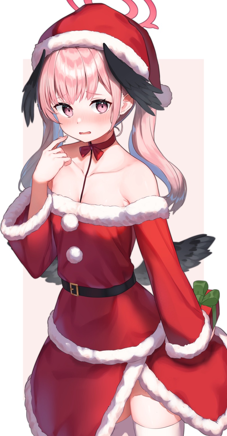 blue_archive, christmas, cleavage, halo, no_bra, shimoe_koharu, takechii, thighhighs
