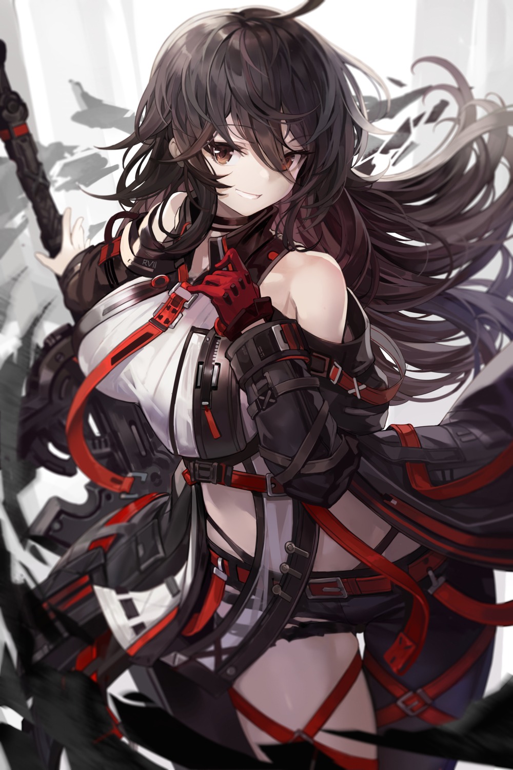 arknights, garter, goomrrat, gun, torn_clothes
