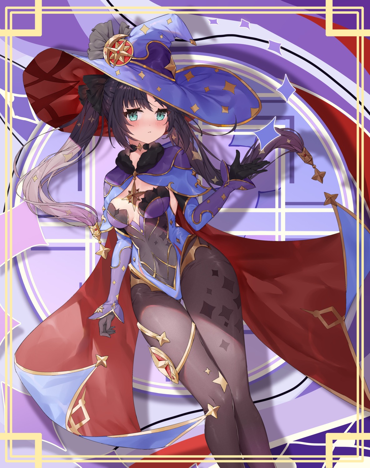 garter, genshin_impact, leotard, mona_megistus, no_bra, pantyhose, witch, yuia