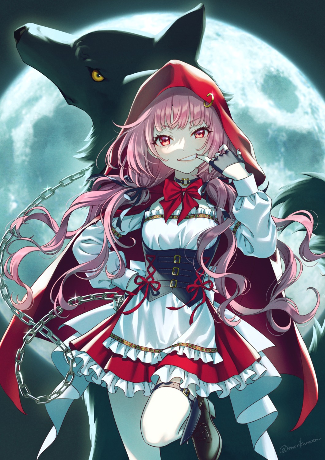 big_bad_wolf, dress, garter, little_red_riding_hood, little_red_riding_hood_(character), morikura_en, weapon