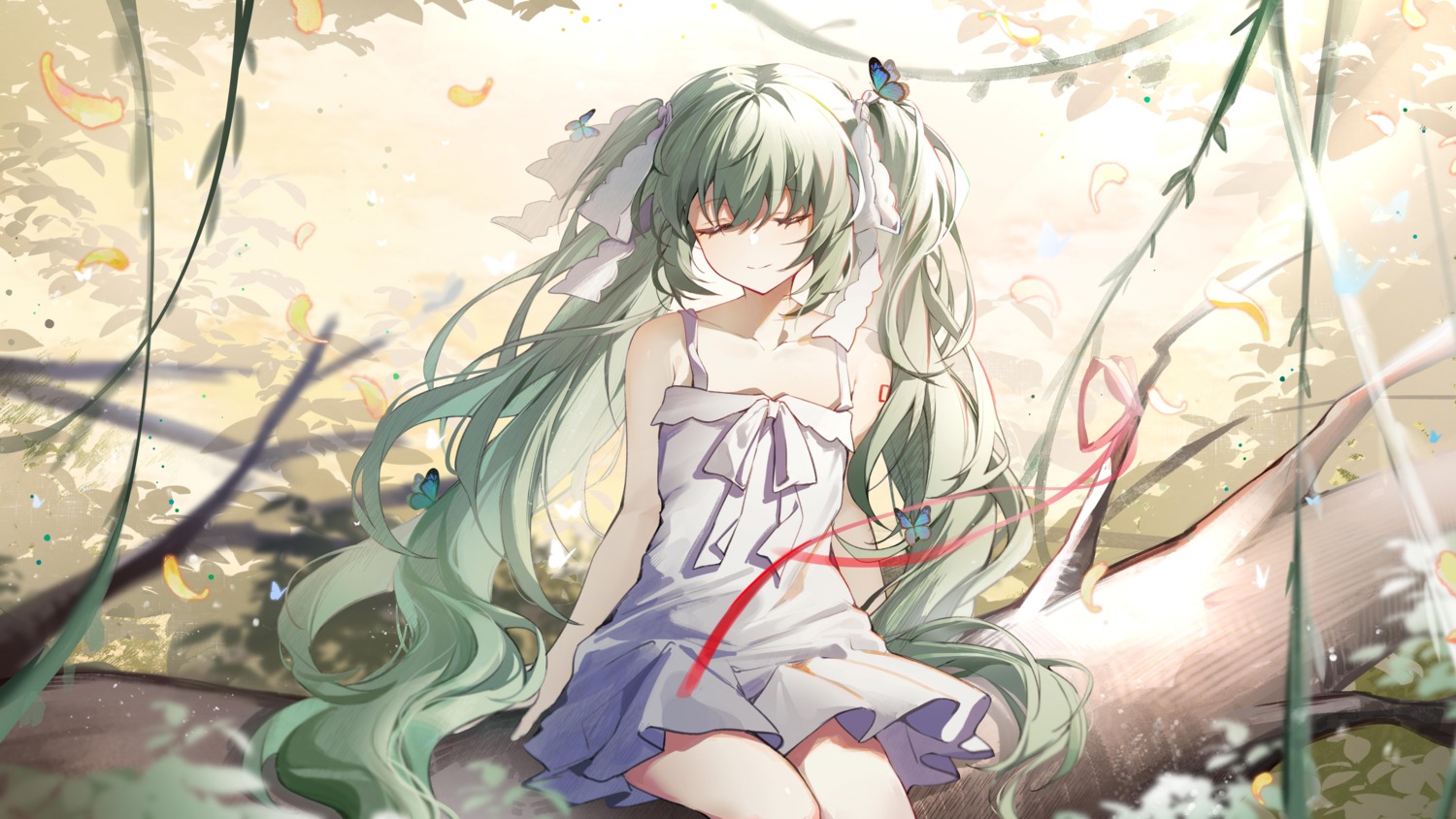dress, hatsune_miku, jpeg_artifacts, no_bra, shiro_kanae, skirt_lift, summer_dress, tattoo, vocaloid