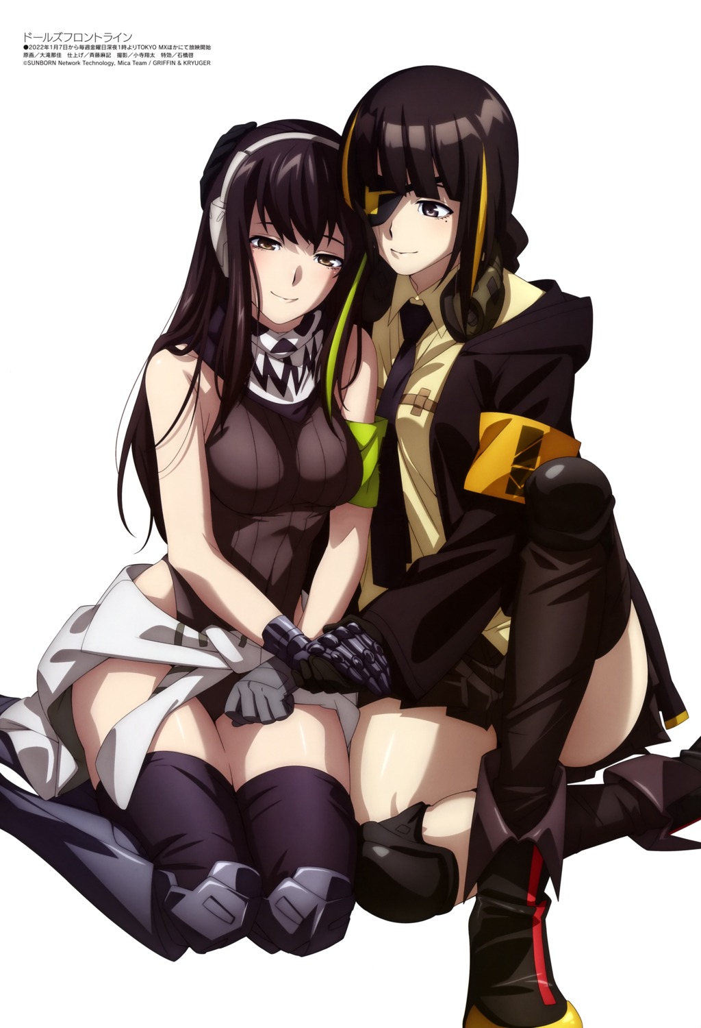 armor, eyepatch, girls_frontline, headphones, heels, leotard, m16a1_(girls_frontline), m4a1_(girls_frontline), ootaki_yasuka, skirt_lift, thighhighs, uniform, yuri