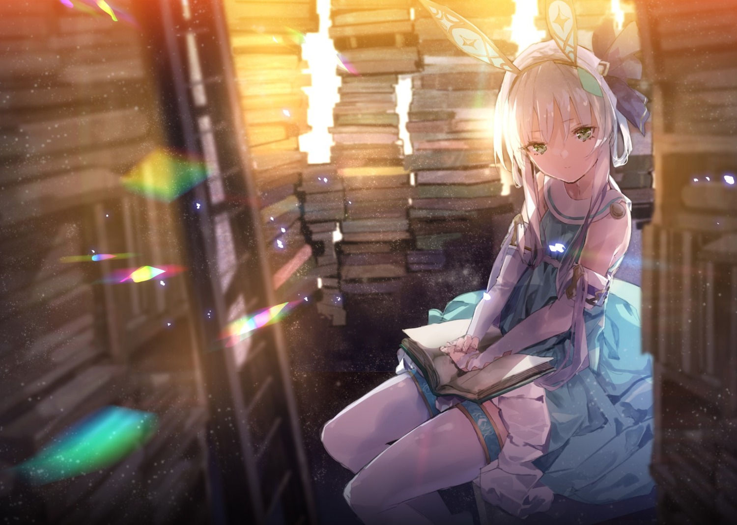 animal_ears, atelier, atelier_sophie, atelier_sophie_2, bunny_ears, dress, koei_tecmo, plachta, skirt_lift, thighhighs, yuugen