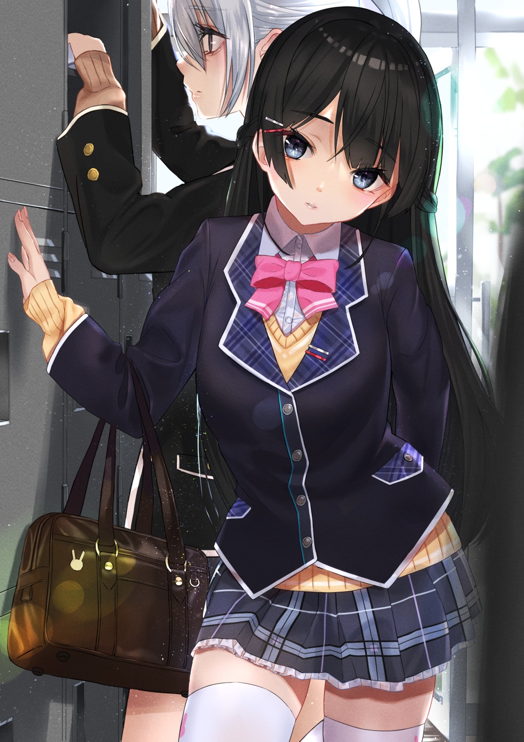 haku_u_0818, higuchi_kaede, nijisanji, seifuku, sweater, thighhighs, tsukino_mito