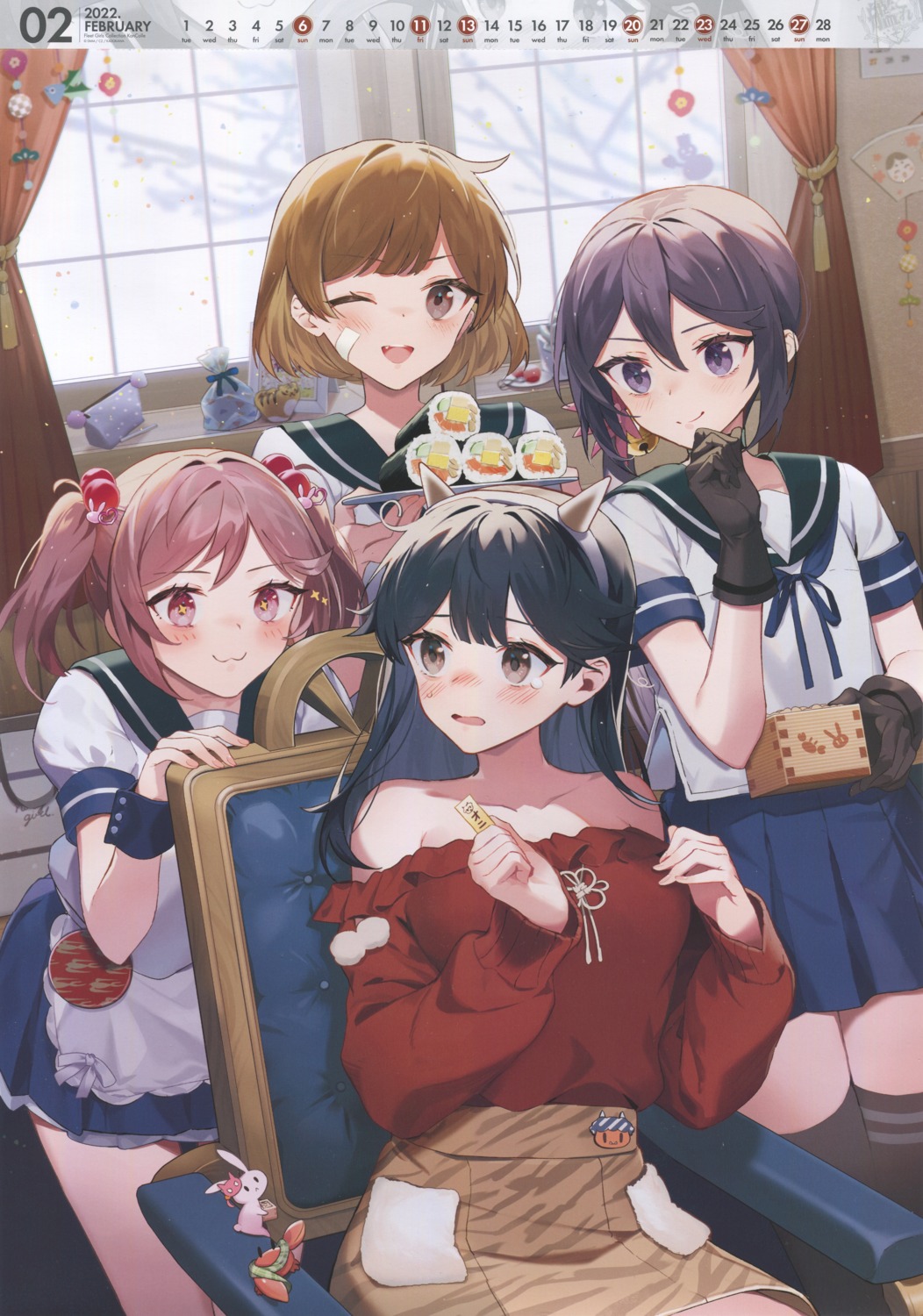 akebono_(kancolle), bandaid, calendar, drew_(drew213g), horns, kantai_collection, oboro_(kancolle), sazanami_(kancolle), seifuku, thighhighs, ushio_(kancolle)