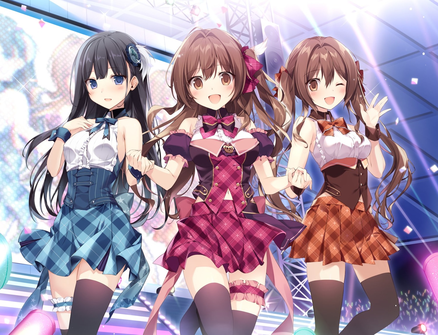 aomi_kanon, aomi_maika, garter, karory, no_bra, skirt_lift, thighhighs, tsukiishi_koyuki