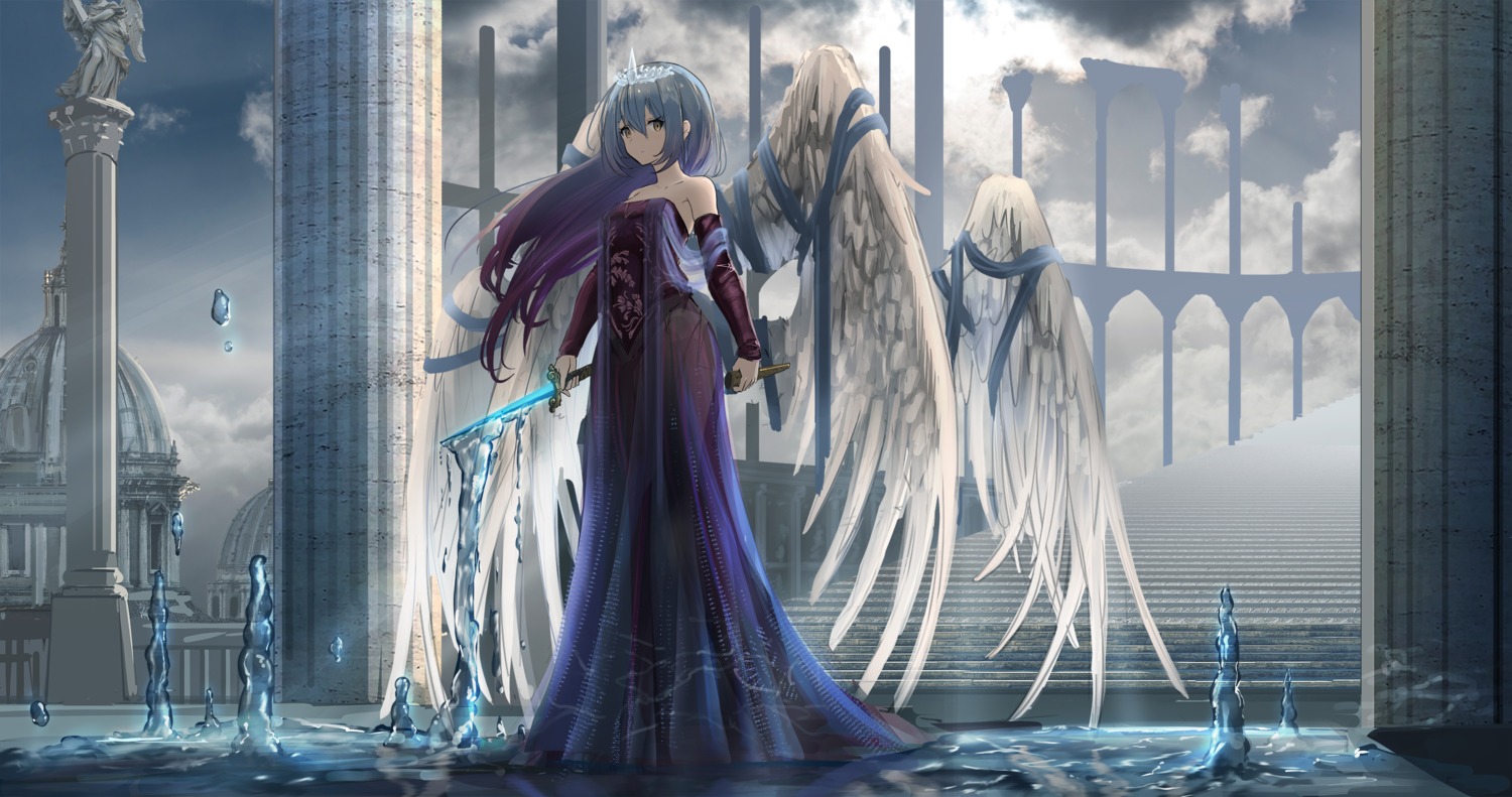angel, dress, see_through, sthk, weapon, wings