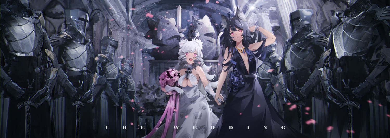 animal_ears, armor, dress, no_bra, sword, wedding_dress, yuri, zelef