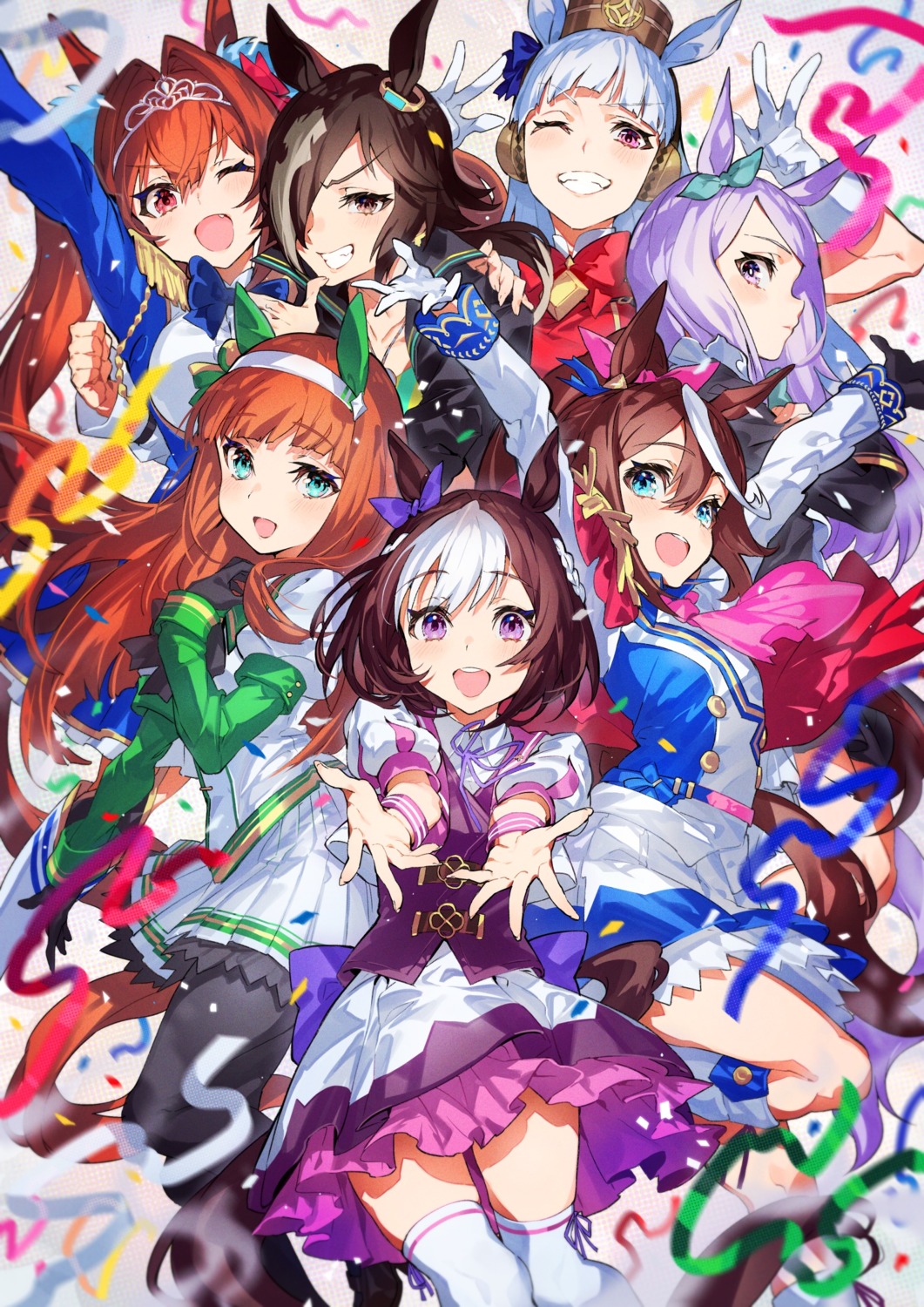animal_ears, breast_hold, daiwa_scarlet_(umamusume), gold_ship_(umamusume), mejiro_mcqueen_(umamusume), mika_pikazo, pantyhose, silence_suzuka_(umamusume), skirt_lift, special_week_(umamusume), tail, thighhighs, tokai_teio_(umamusume), uma_musume_pretty_derby, uniform, vodka_(umamusume)