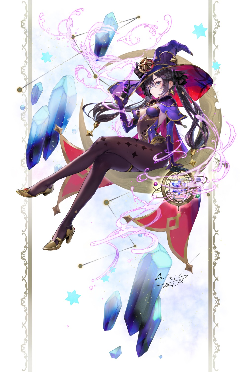 garter, genshin_impact, heels, hori_airi, leotard, mona_megistus, no_bra, pantyhose, witch