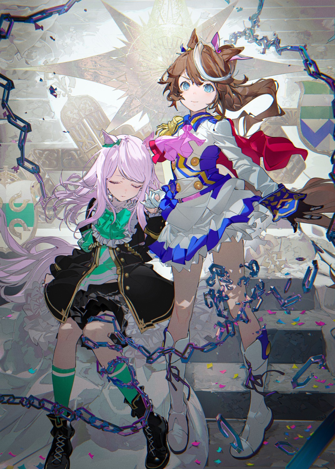 animal_ears, mejiro_mcqueen_(umamusume), skirt_lift, taiki_(luster), tail, tokai_teio_(umamusume), uma_musume_pretty_derby, uniform