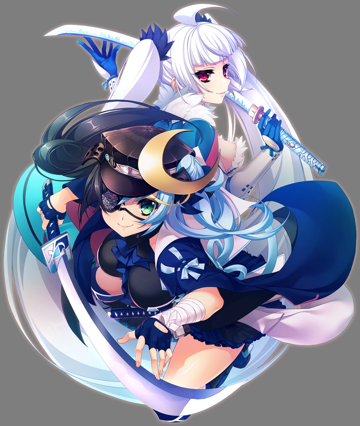 bandages, baseson, date_tatsumi_masamune, eyepatch, katagiri_hinata, nagao_miku_kagetora, sengoku_koihime, sword, transparent_png, uniform