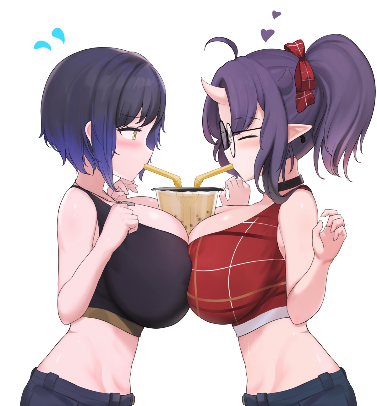 horns, megane, pointy_ears, riba, symmetrical_docking, yuri