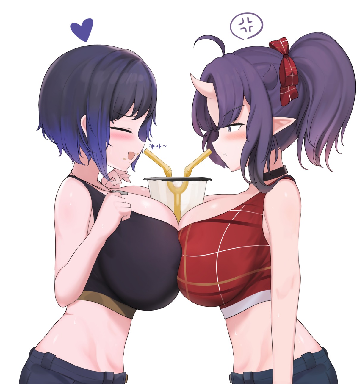 horns, pointy_ears, riba, symmetrical_docking, yuri