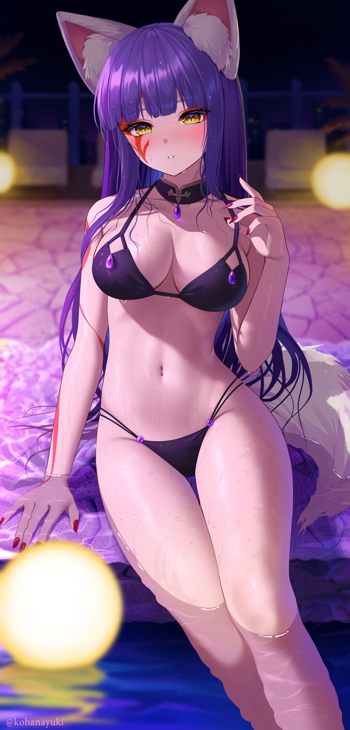 animal_ears, bikini, daji_(monster_strike), kohanayuki, monster_strike, swimsuits, tail, tattoo, wet