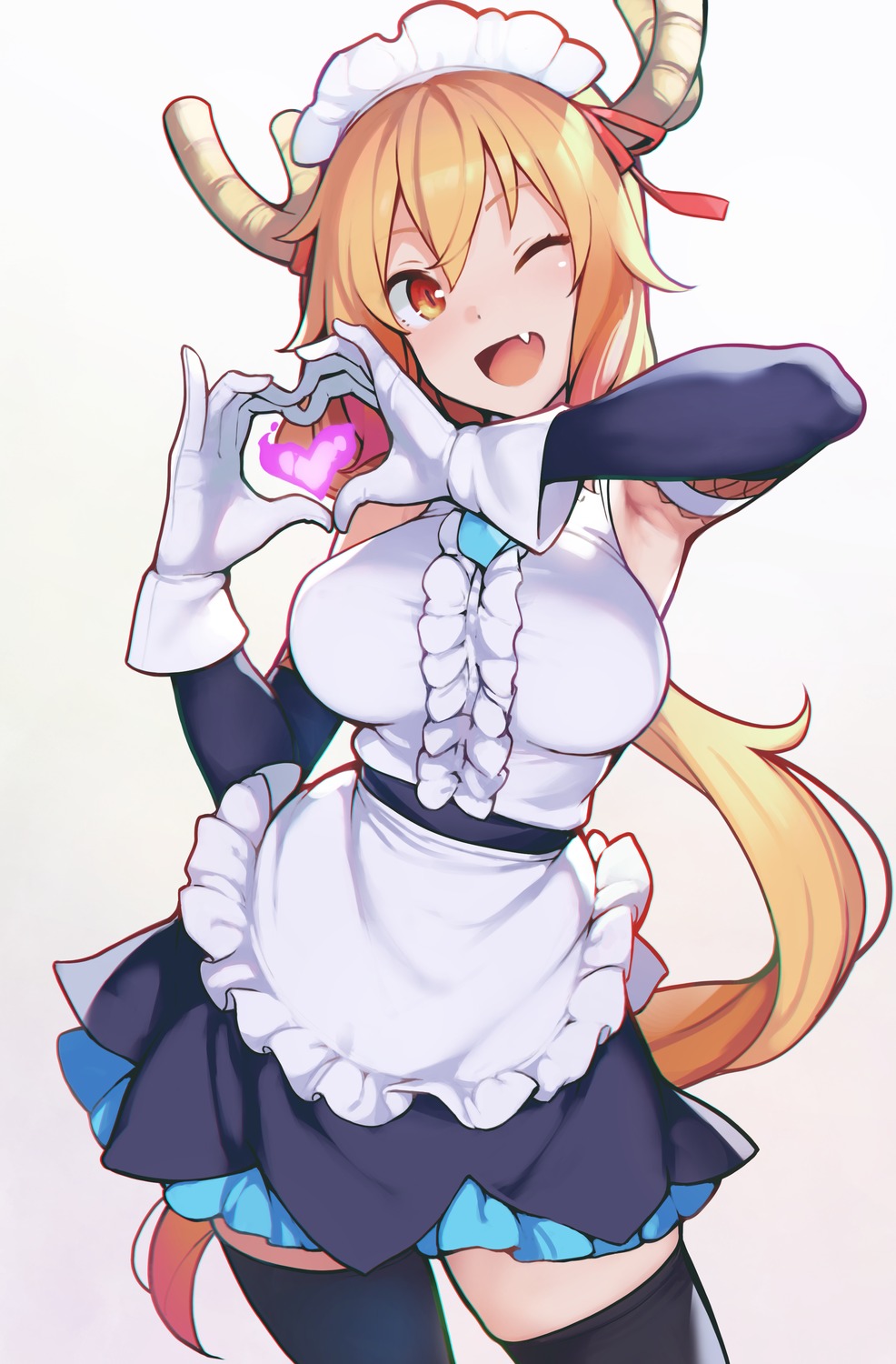 ataruman, horns, kobayashi-san_chi_no_maidragon, maid, skirt_lift, thighhighs, tooru_(maidragon)