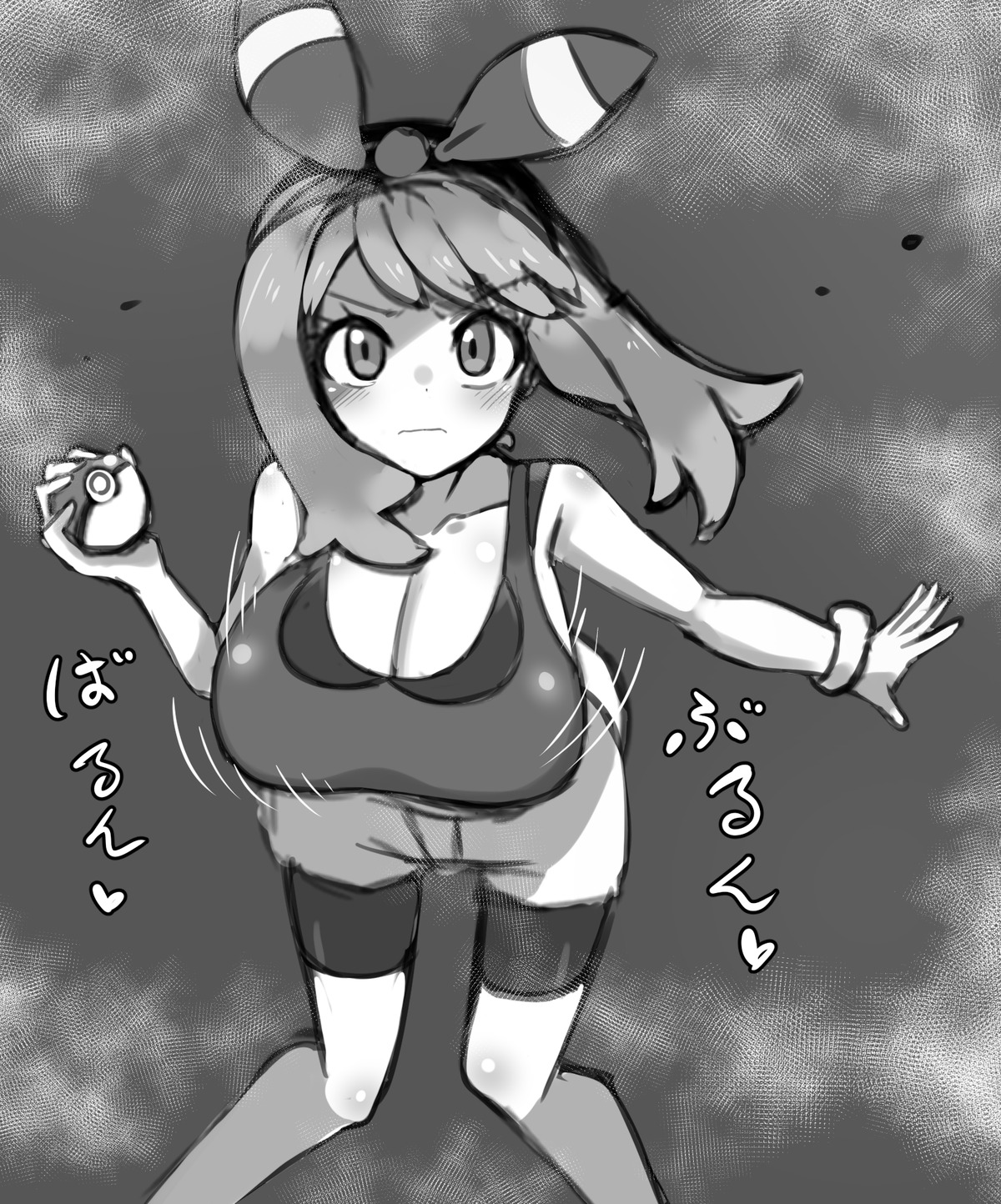 bike_shorts, breasts, cleavage, haruka_(pokemon), meta-tron, monochrome, pokemon, pokemon_oras