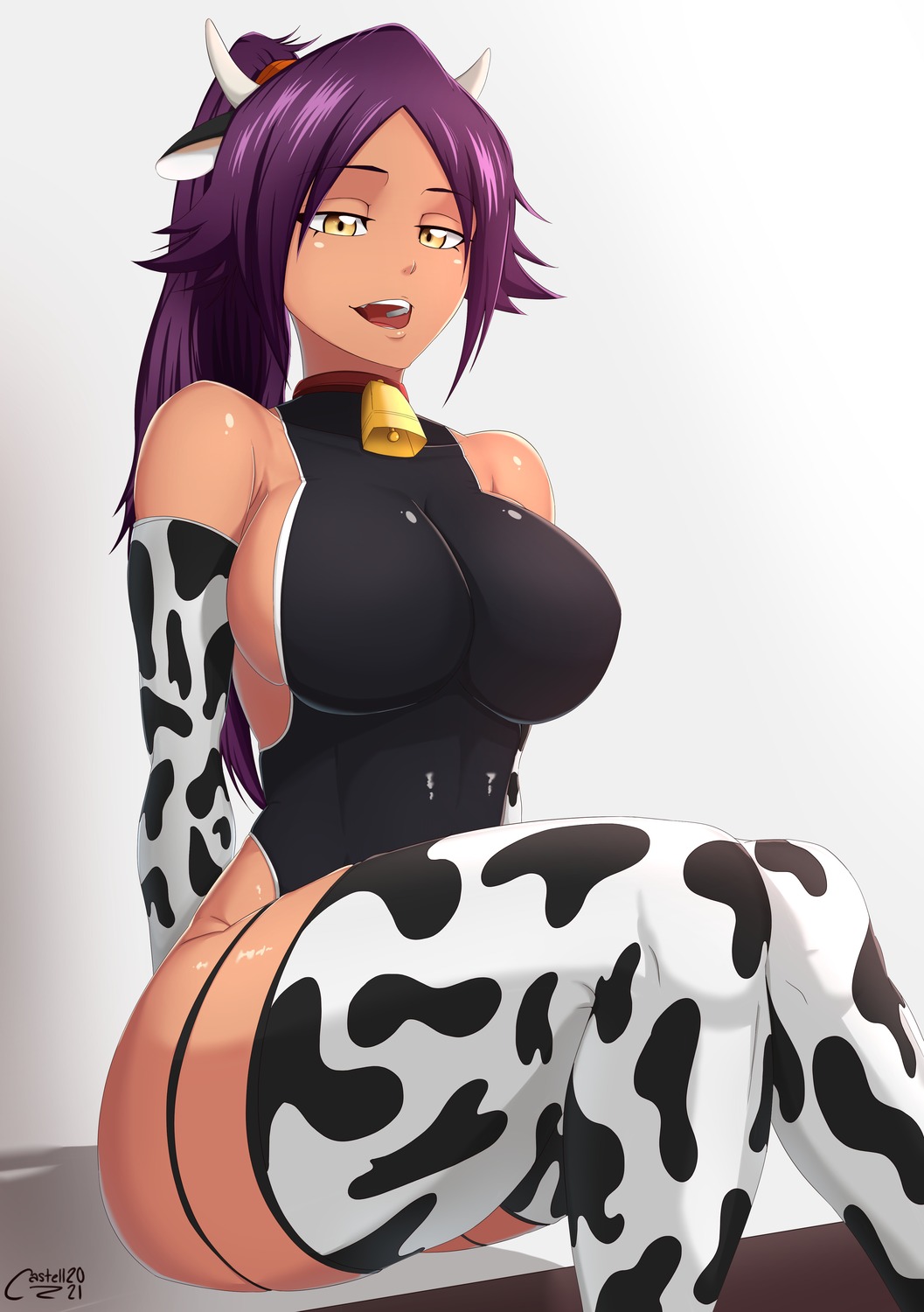 animal_ears, bleach, castell, garter, horns, leotard, no_bra, shihouin_yoruichi