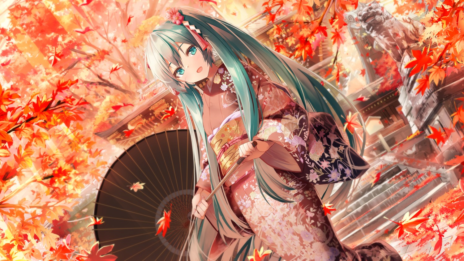 daidou_(demitasse), hatsune_miku, kimono, umbrella, vocaloid, wallpaper