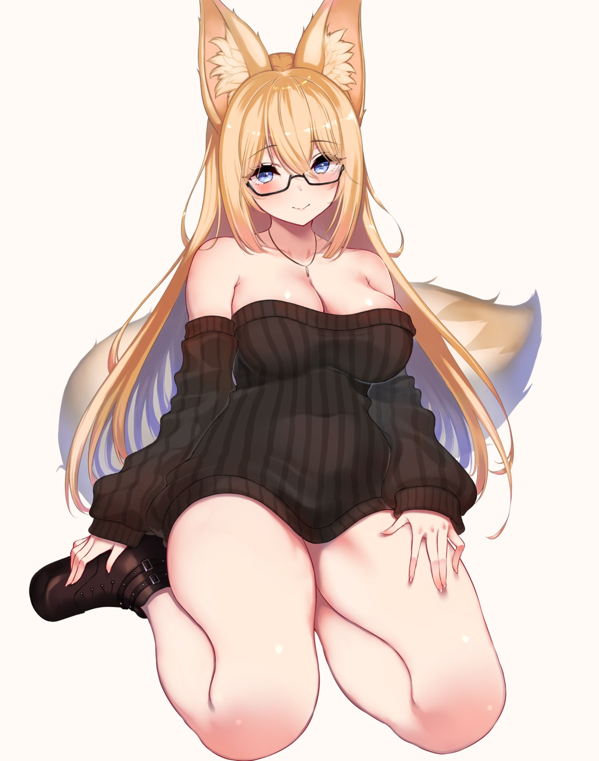 animal_ears, kitsune, masaoka_misaki, megane, no_bra, sweater, tail