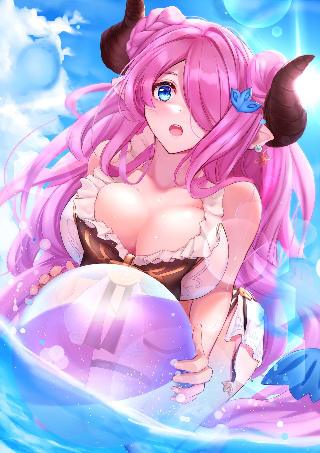 cleavage, garter, granblue_fantasy, horns, narumeia_(granblue_fantasy), pointy_ears, sakurahuji-iro, swimsuits, wet