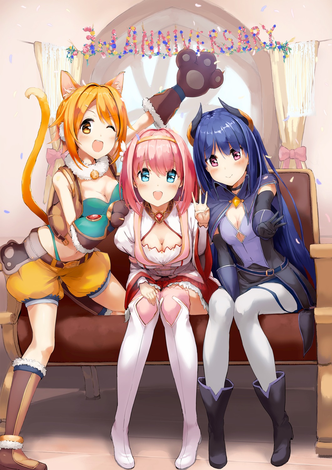 animal_ears, asariri_kai, cleavage, harusaki_hiyori, horns, kusano_yui, nekomimi, no_bra