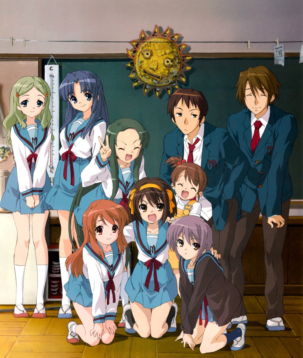 asahina_mikuru, asakura_ryouko, kimidori_emiri, koizumi_itsuki, kyon, kyon's_sister, nagato_yuki, seifuku, suzumiya_haruhi, suzumiya_haruhi_no_yuuutsu, tsuruya