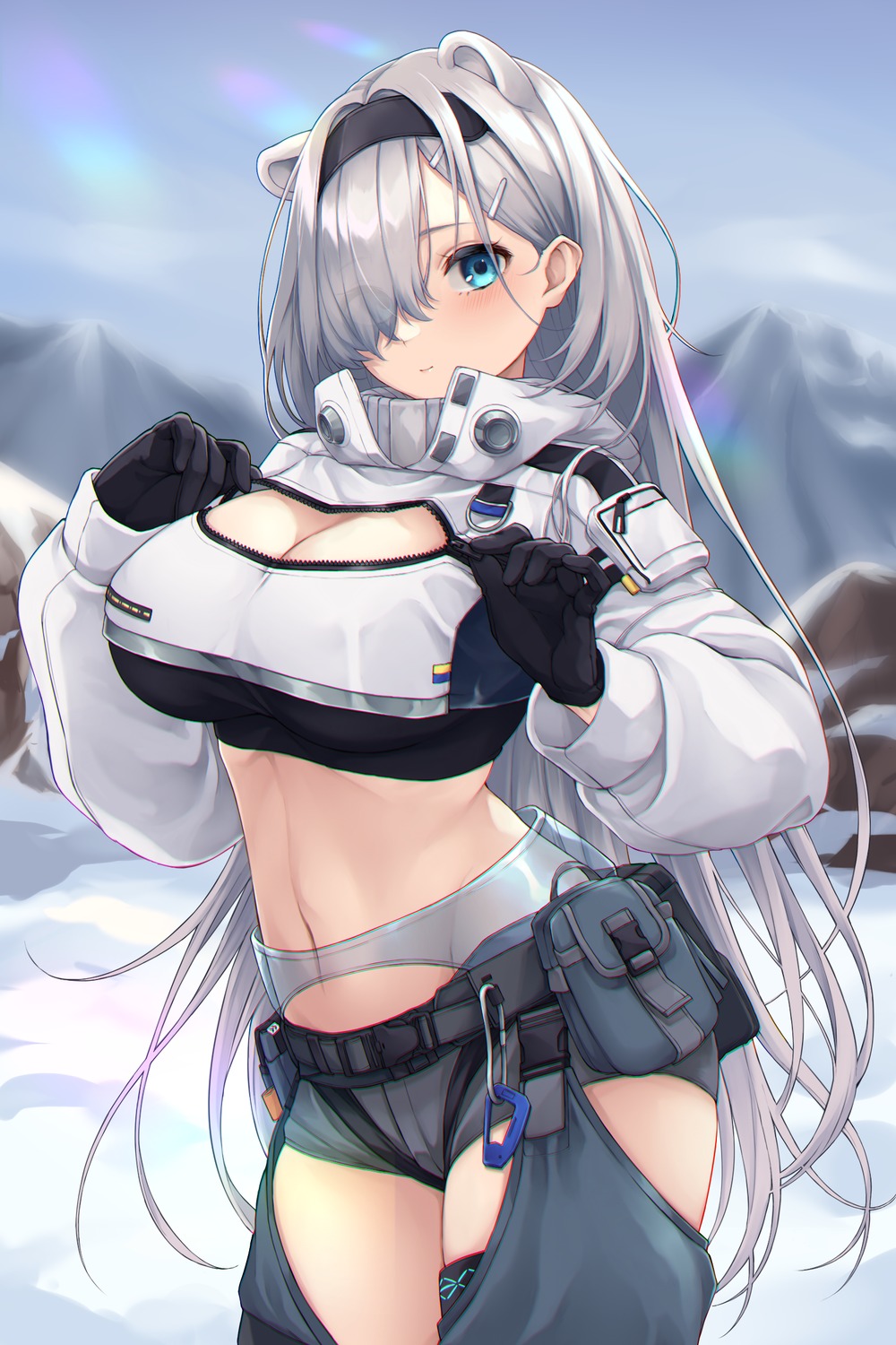 animal_ears, arknights, aurora_(arknights), cleavage, garter, nameko_houshi