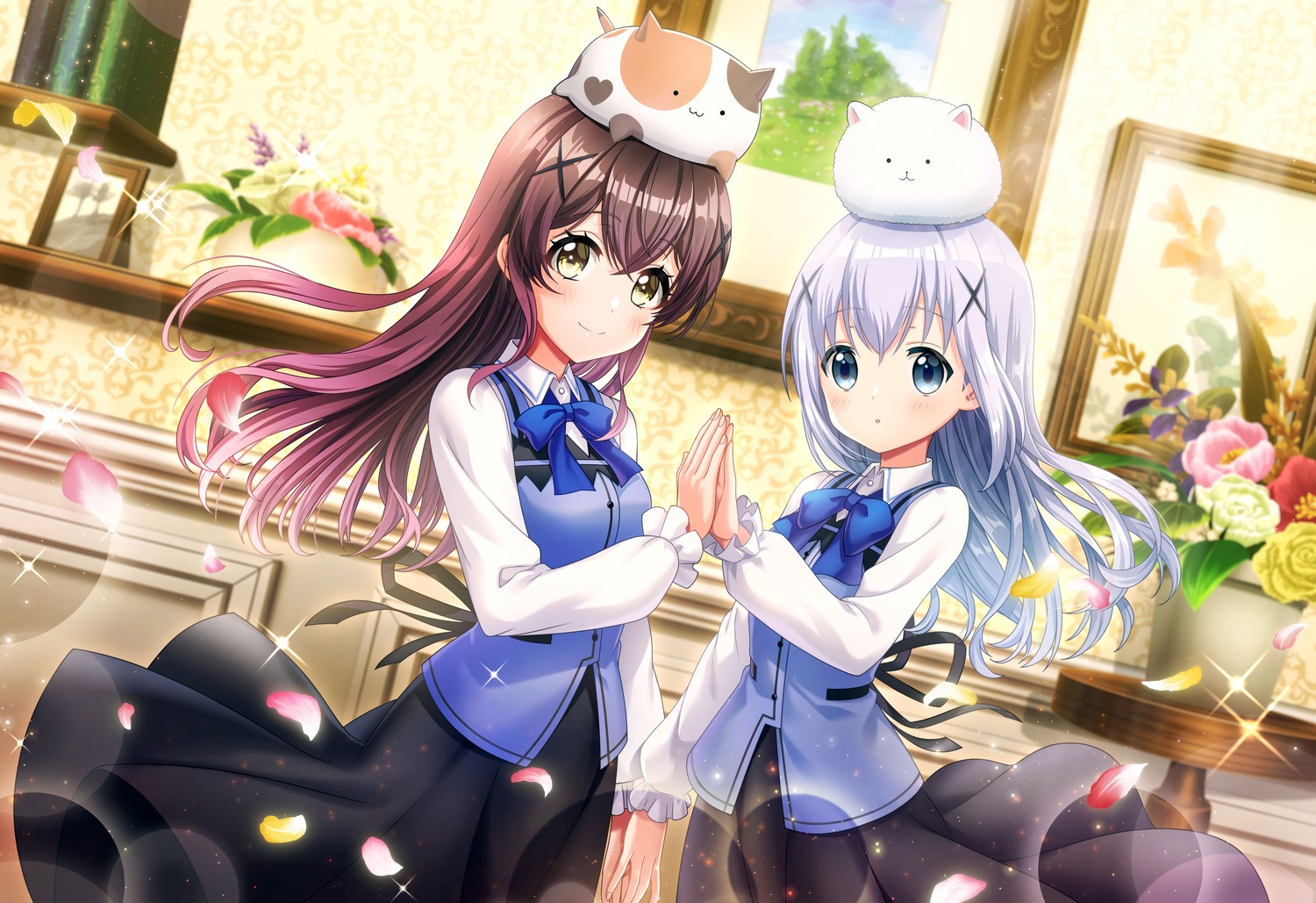 cosplay, crossover, d4dj, gochuumon_wa_usagi_desu_ka?, kafuu_chino, oonaruto_muni, skirt_lift, tagme, tippy_(gochiusa), waitress