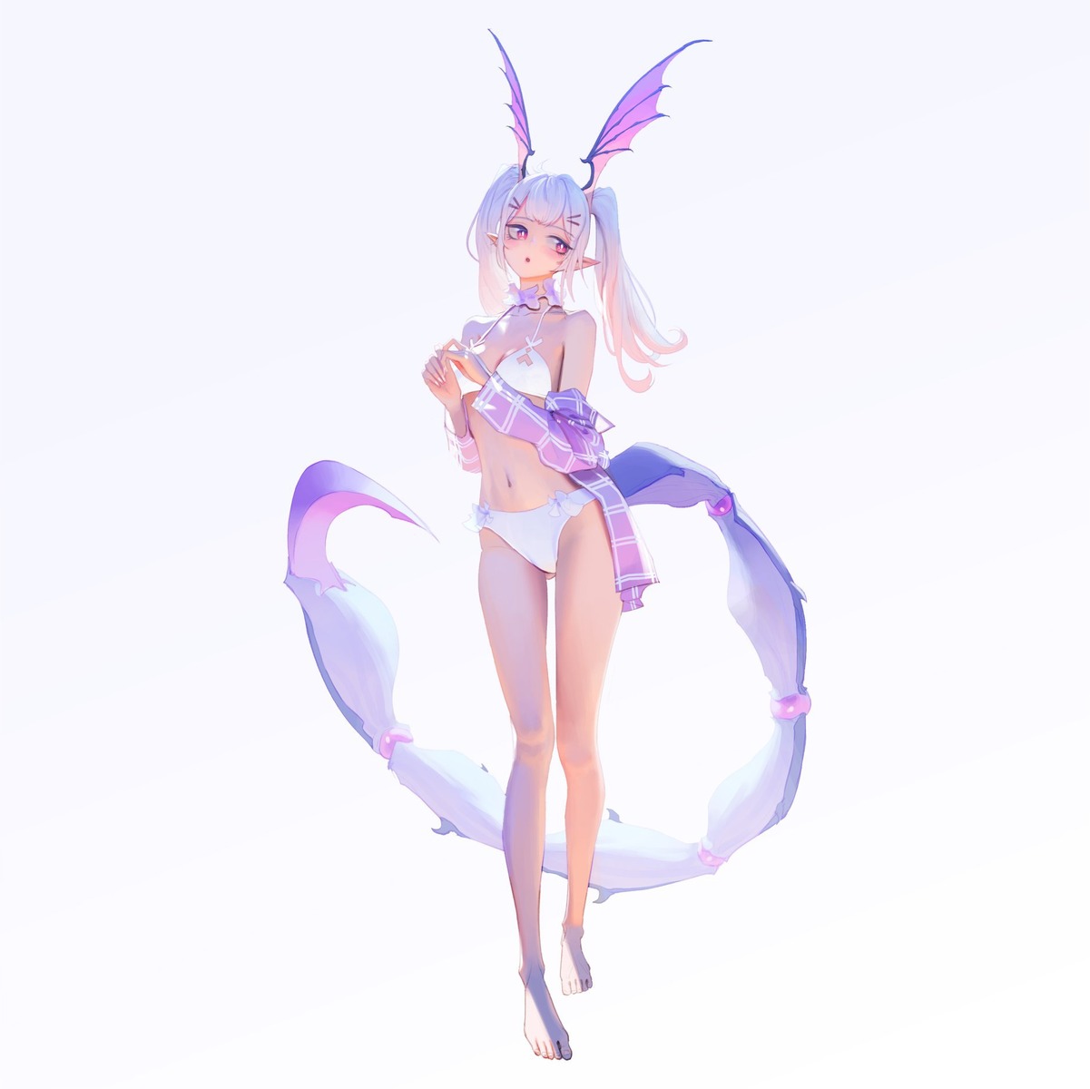 animal_ears, arknights, bikini, feet, manticore_(arknights), open_shirt, pointy_ears, swimsuits, tail, wings, wonbin_lee