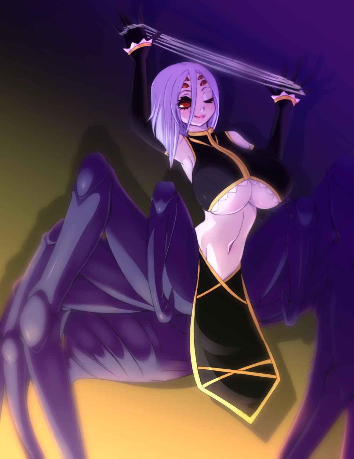 maebari, meltyvixen, monster_girl, monster_musume_no_iru_nichijou, no_bra, rachnera_arachnera, underboob