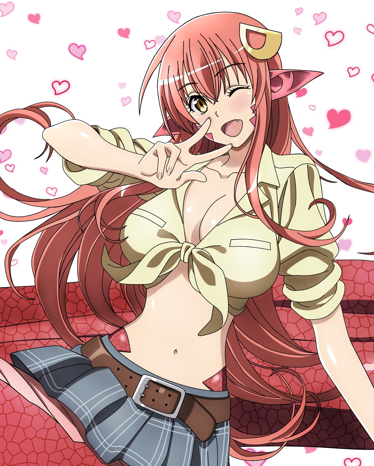 cleavage, dt501061, miia_(monster_musume), monster_girl, monster_musume_no_iru_nichijou, no_bra, open_shirt, pointy_ears