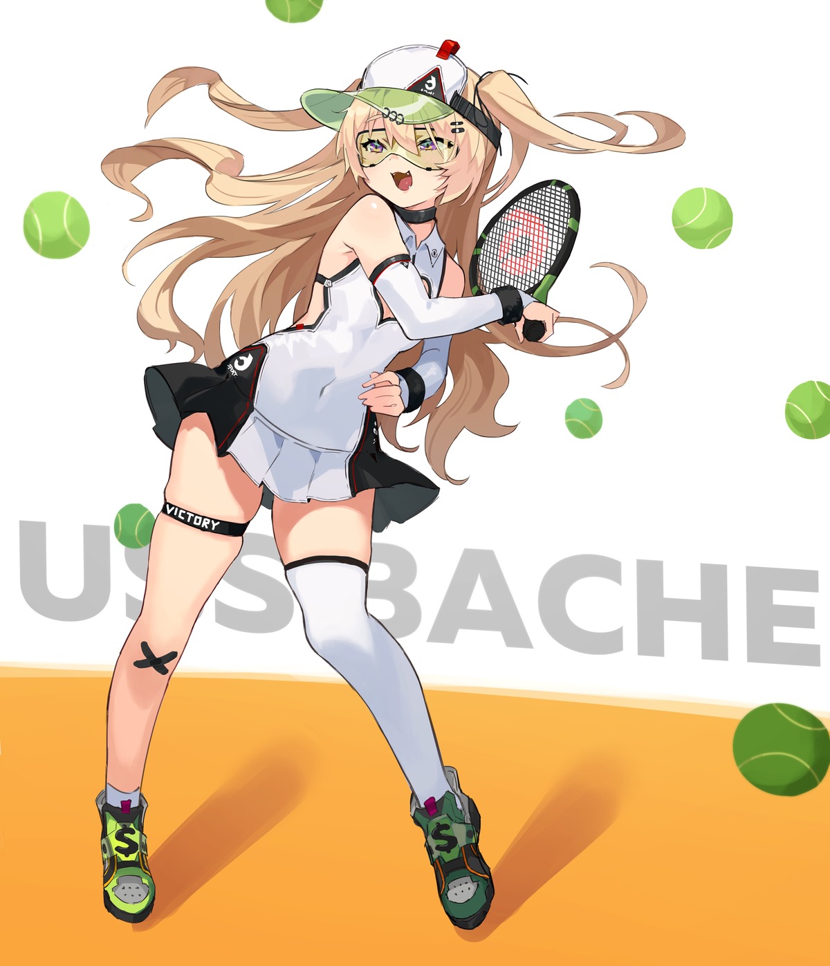 arch-0, azur_lane, bache_(azur_lane), bandaid, garter, skirt_lift, tennis, thighhighs