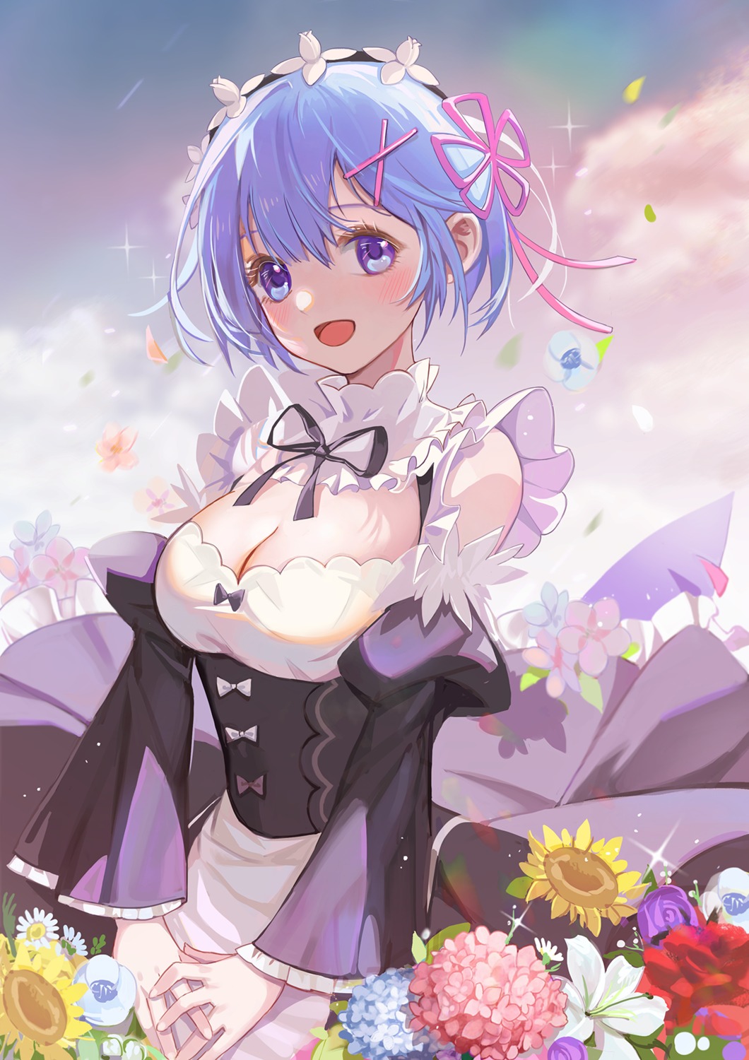 cleavage, haitu, maid, re:zero_kara_hajimeru_isekai_seikatsu, rem_(re_zero), skirt_lift