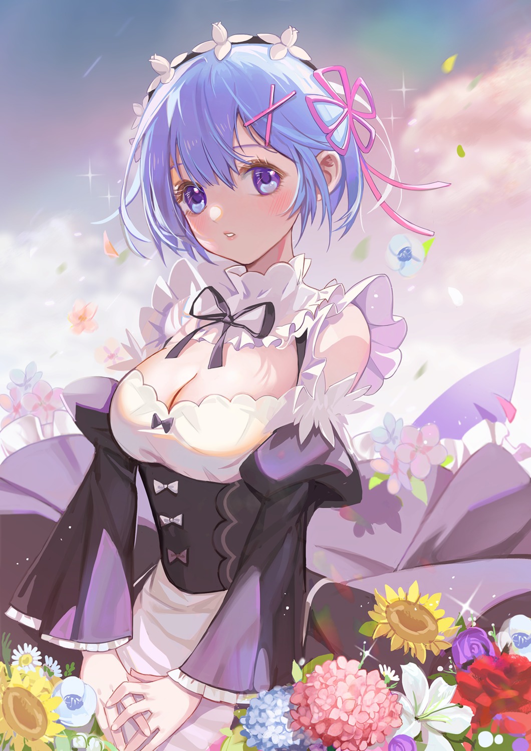 cleavage, haitu, maid, re:zero_kara_hajimeru_isekai_seikatsu, rem_(re_zero), skirt_lift