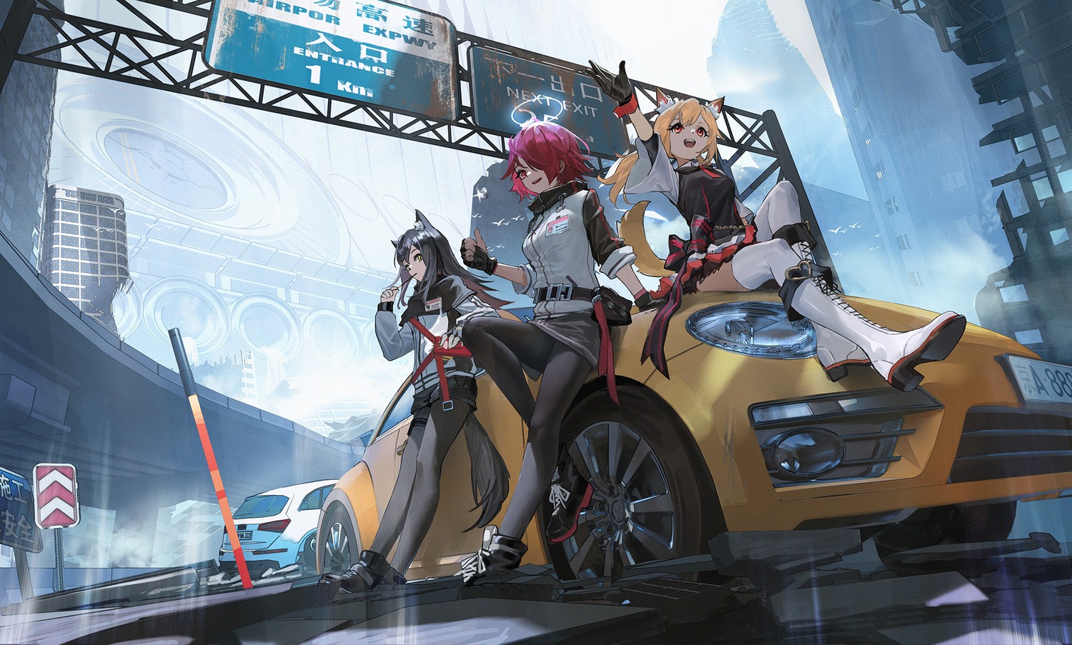angel, animal_ears, arknights, exusiai_(arknights), heels, pantyhose, skirt_lift, sora_(arknights)