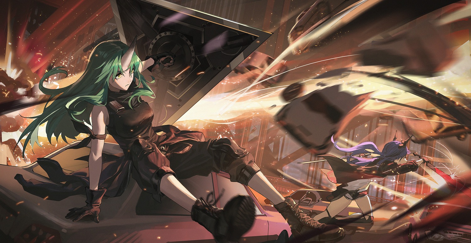 arknights, ch'en_(arknights), horns, hoshiguma_(arknights), sword, ttk_(kirinottk), wallpaper
