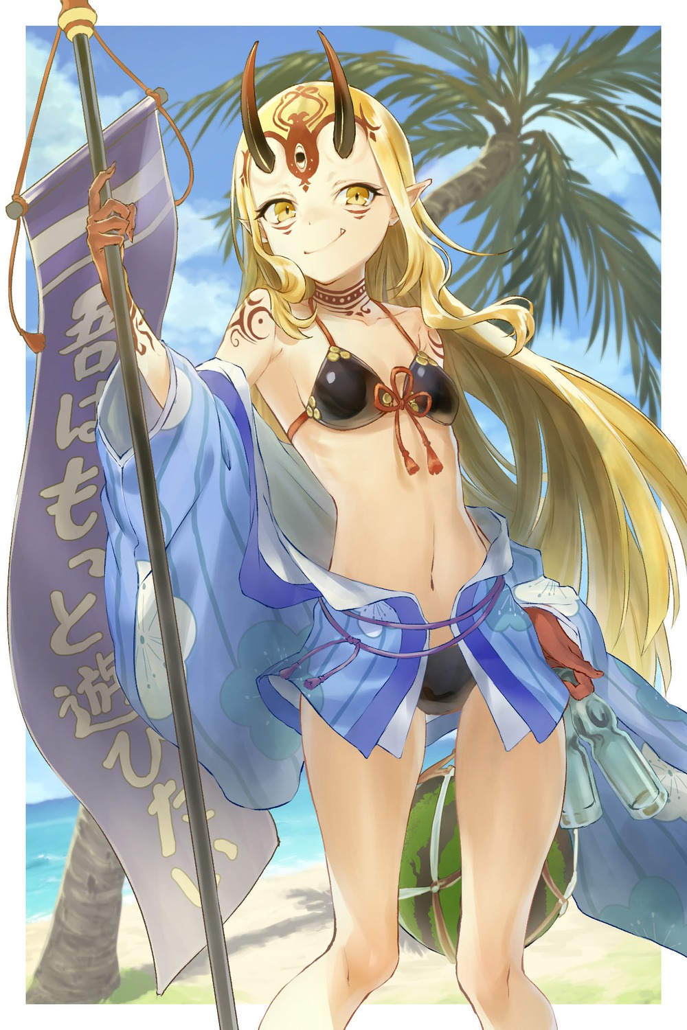 bikini, cleavage, fate/grand_order, horns, ibaraki_douji_(fate), japanese_clothes, open_shirt, pointy_ears