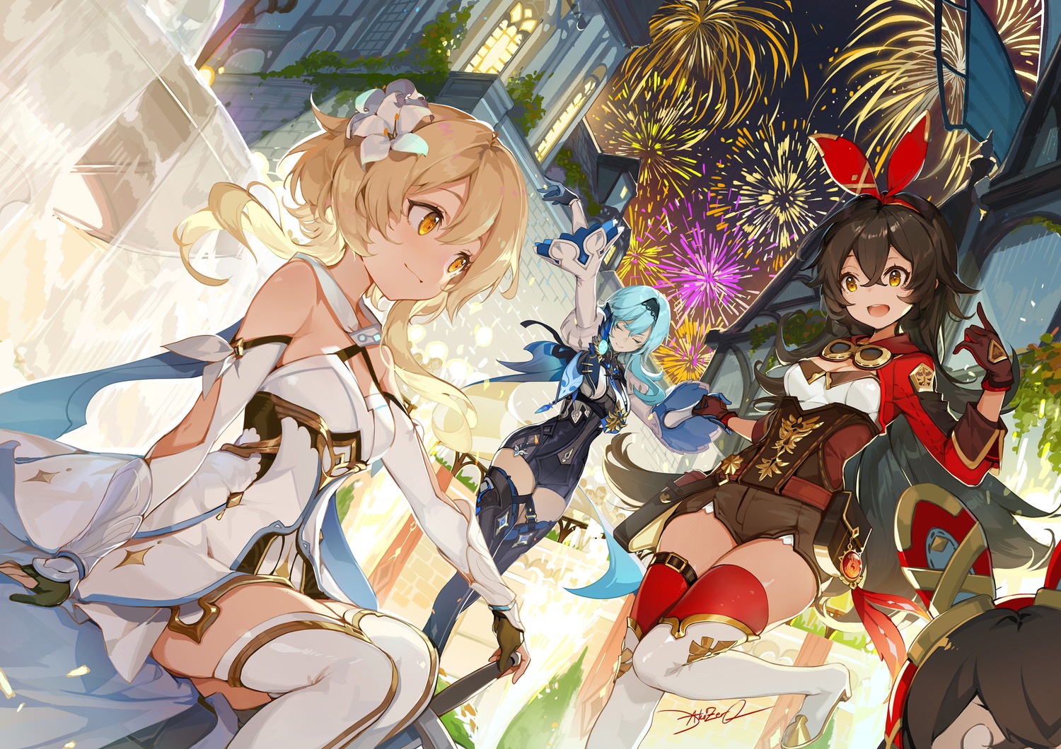 akizero1510, amber_(genshin_impact), baron_bunny, dress, eula, garter, genshin_impact, heels, lumine, no_bra, skirt_lift, sword, thighhighs