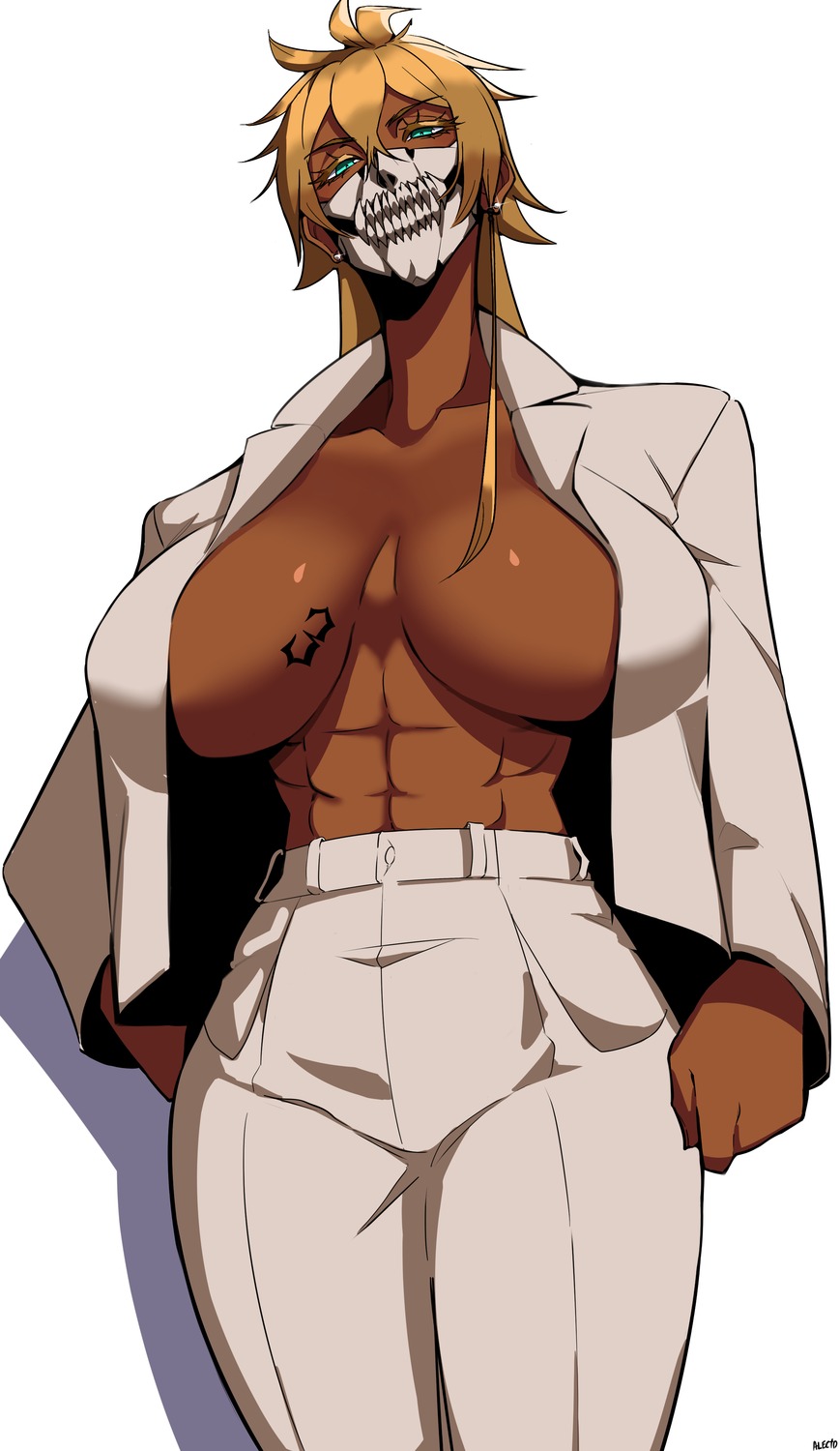 alecto_0, bleach, business_suit, no_bra, open_shirt, tattoo, tier_harribel