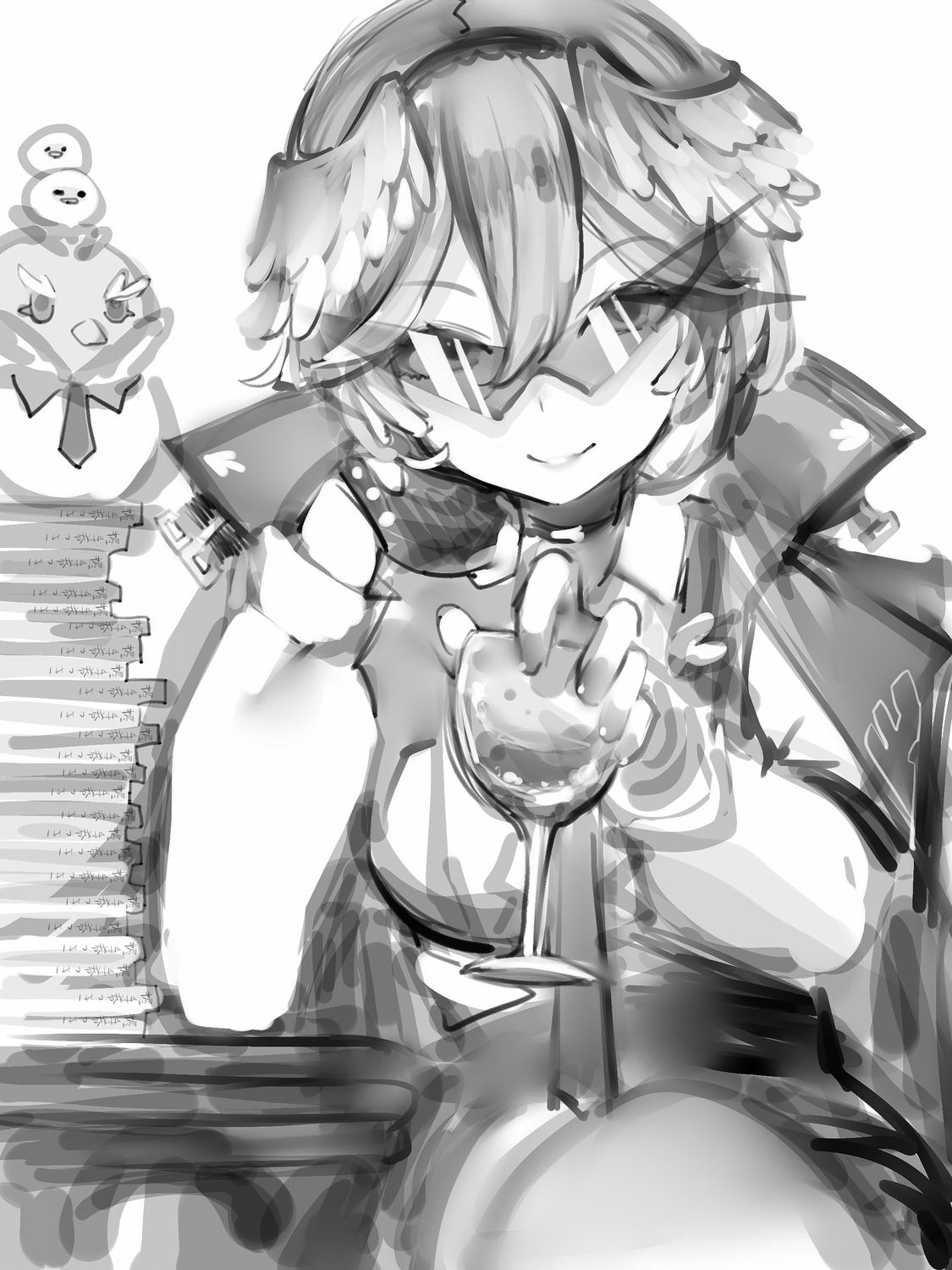 ganmo_(takane_lui), hololive, megane, monochrome, nanashi_(nlo), sketch, takane_lui, tsukune_(takane_lui), tsumire_(takane_lui), uniform, wings