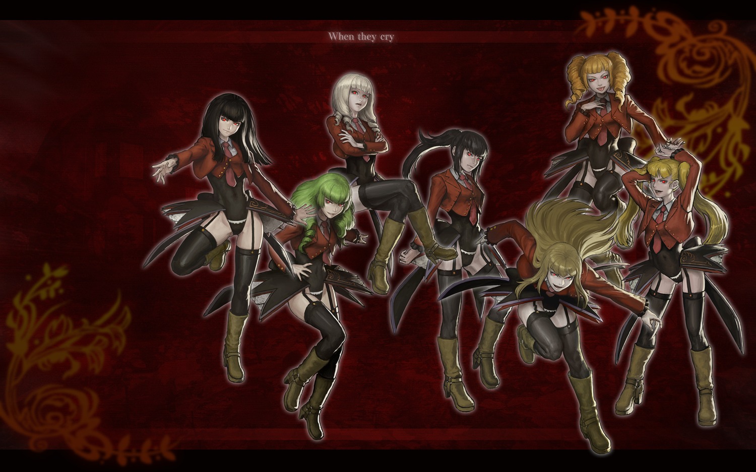 asmodeus, beelzebub, belphegor, leviathan, lucifer, mammon, satan, thighhighs, umineko_no_naku_koro_ni, uraike, wallpaper