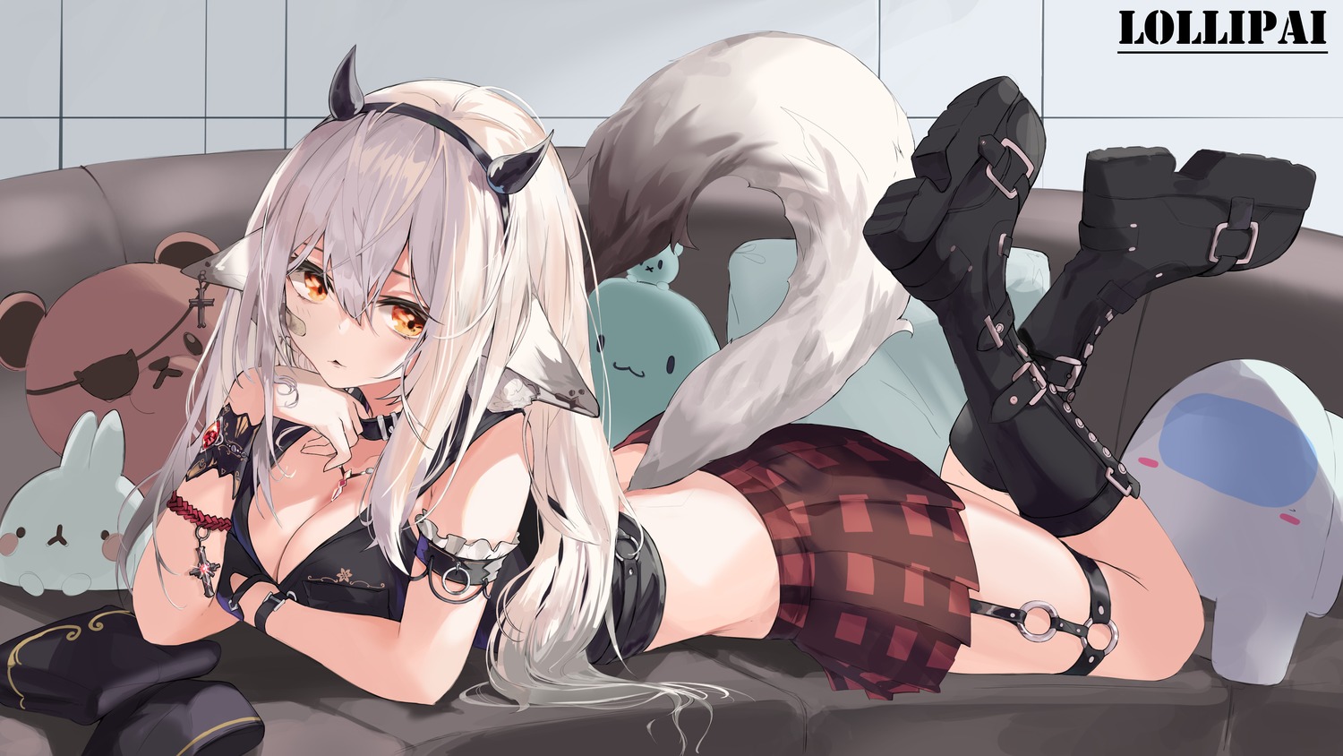 animal_ears, bandaid, cleavage, garter, horns, kooemong, tail, wallpaper
