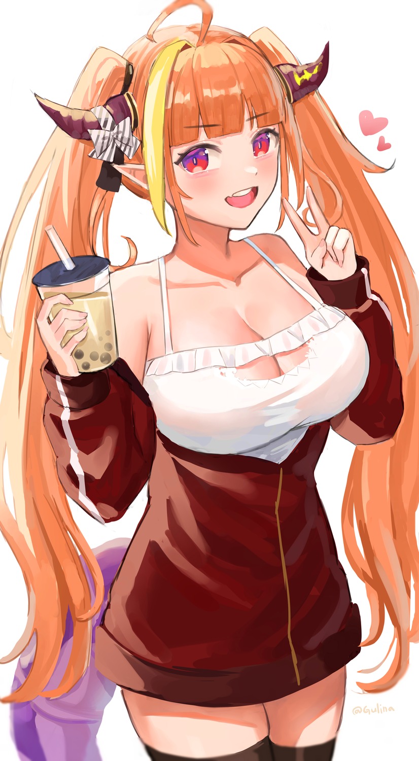 cleavage, gurina, hololive, horns, kiryuu_coco, no_bra, pointy_ears, tail